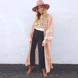 Pink Bohemian Floral Maxi Duster Kimono Wrap Robe